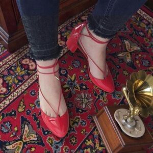 Aquazzura Alexa Red Patent Leather‎ Ankle Tie Pumps 37.5 Women’s Heels